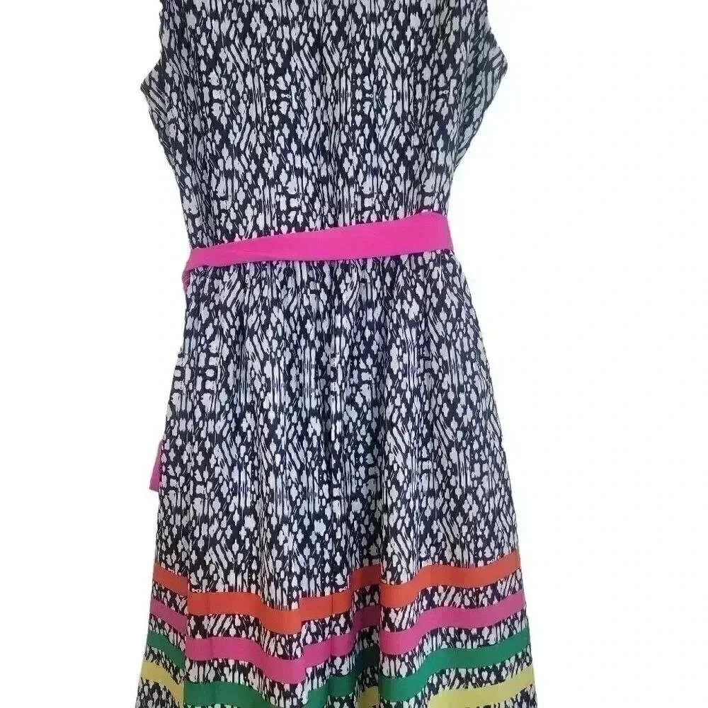 Eliza J Women's Navy & White Poly Print Colorful Striped Ribbons Pink Sash Sleev - Picture 10 of 14